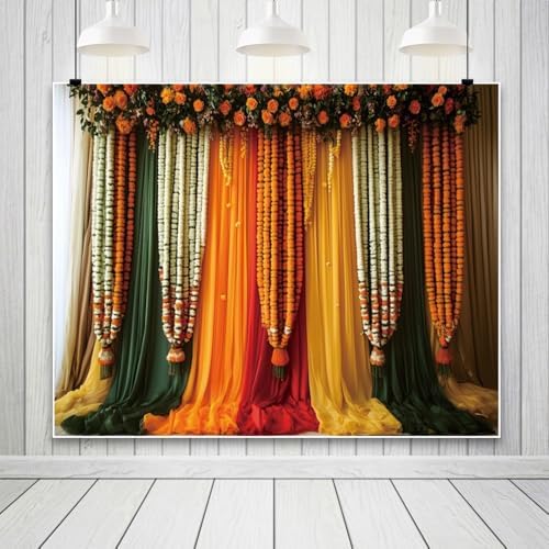 10x8ft India Pooja Traditional Backdrop Colorful Curtains Floral Indian Photography Background Puja Ganpati Mehndi Diwali Party Decorations for Wedding Birthday Festival Photo Props - Image 4