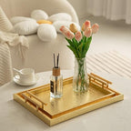 Modern Elegant Large Wood Serving Tray, Set of 2 Gold Crocodile Leather with Gold Polished Metal Handles, Home Decorative Rectangle Ottoman Decor Platter Living Room Bathroom Vanity Tray - Image 5