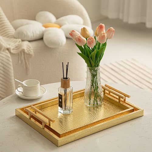 Modern Elegant Large Wood Serving Tray, Set of 2 Gold Crocodile Leather with Gold Polished Metal Handles, Home Decorative Rectangle Ottoman Decor Platter Living Room Bathroom Vanity Tray - Image 5
