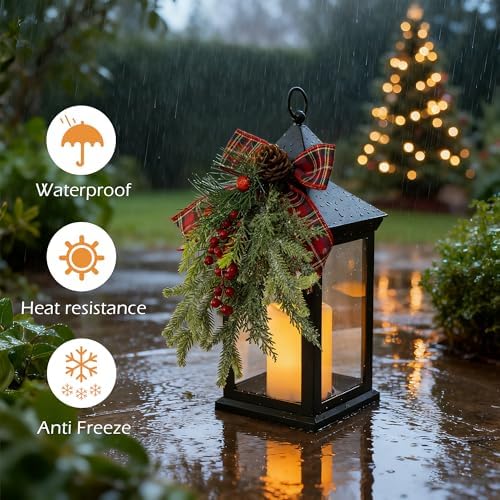 Christmas Decorative Lantern with LED Candle – Black Holiday Lantern with Pinecones, Red Bow – Battery Operated Christmas Table Centerpiece for Indoor/Outdoor Decor(2pack) - Image 2
