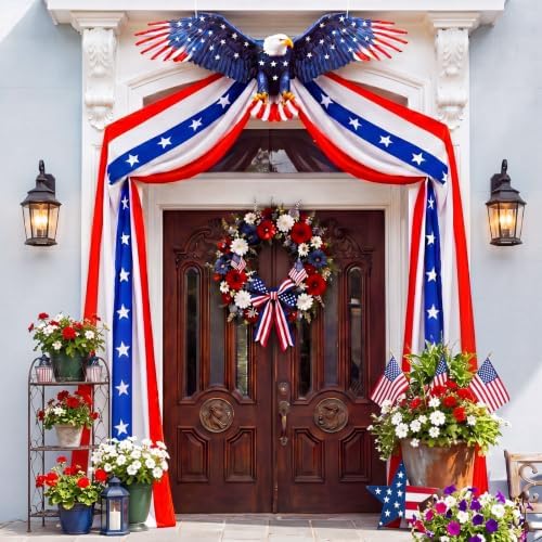 Breling 4th of July Patriotic Bunting Door Porch Decorations 250th Anniversary Eagle Door Decor 32ft Patriotic Porch Banner with Majestic Eagle Topper for Independence Day 250th Anniversary by Breling