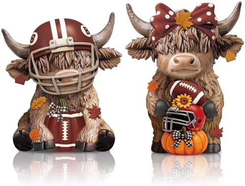 Karenhi 2 Pcs Highland Cow Figurines Fall Football Tabletop Decorations by Karenhi