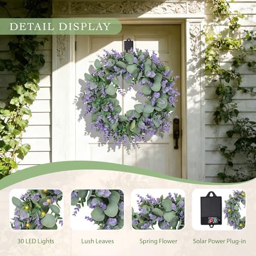 Solar Spring Wreath for Front Door 18inchWreath Pre-lit30LED Spring Summer Decor Artificial Purple Lavender Warm Lights Wreath for Outside Wall Home Decor Festival Farmhouse Decor - Image 2