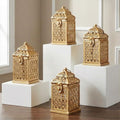 VELA LANTERNS Mini Golden Tower Temple Moroccan Lantern Lamp Decorative Candle Holders for Ramadan Decorations, Hanging, Outdoor Patio or Porch, Indoor Home Decor, Gold, Set of 4 by VelaCandleLanterns