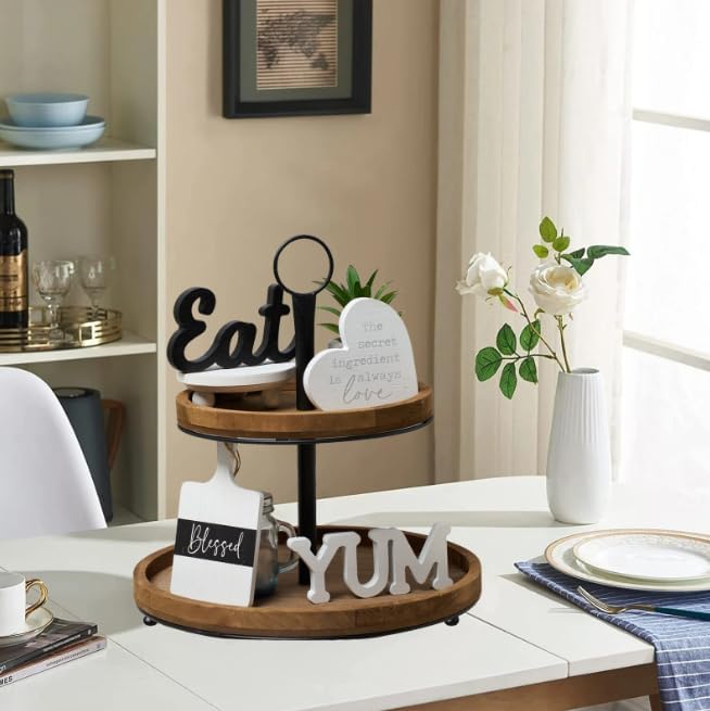 GENMOUS & CO. Farmhouse Tiered Tray Decor with Distressed Wood Bead Garland, Decorative 2 Tiered Serving Tray with Metal Handle for Rustic Home Décor - Image 2
