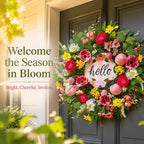 Spring Summer Wreaths for Front Door 24 Inch with Cherry Blossom,Pink Roses & Hello Sign,Summer Door Wreath for Entryway,Porch & Home Décor Indoor Outdoor - Image 3