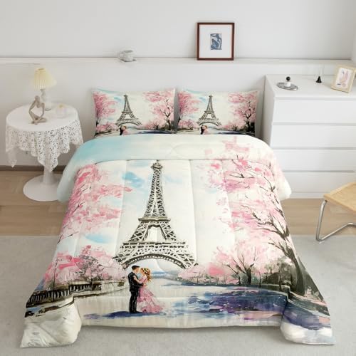 Paris Decor Comforter Set King Girly French Eiffel Tower Bedding Sets For Girls Kids Women Couple Bedroom Pink Cherry Blossoms Duvet Insert Watercolor Paris Tower Comforter Valentine 3 Pieces - Image 2
