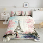 Paris Decor Comforter Set Full Girly French Eiffel Tower Bedding Sets For Girls Kids Women Couple Bedroom Pink Cherry Blossoms Duvet Insert Watercolor Paris Tower Comforter Valentine 3 Pieces - Image 2
