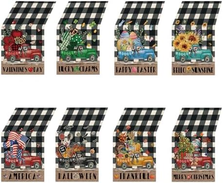 8 Pcs Truck Holiday Table Runners 72 Inches Long, Rustic Truck Fall Winter Halloween Christmas Burlap Table Runners, Car Buffalo Plaid Dining Table Decor for Farmhouse Garden Party Supplies by YOVOYOA