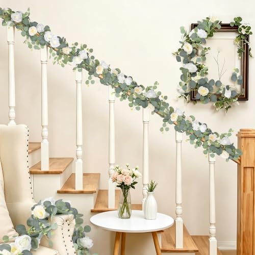 Aneco 4‑Pack 6 Ft White Artificial Eucalyptus Rose Garland Vine - Image 5