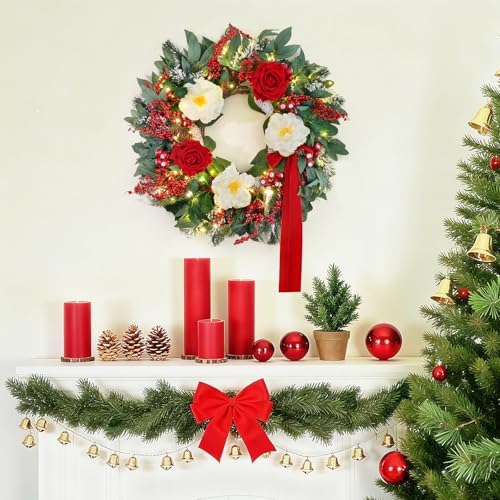 Christmas Wreaths for Front Door 24 Inch Prelit Holiday Wreath with Red Roses, White Peonies, Red Berries, Greenery & Velvet Bow Christmas Door Wreath Indoor Outdoor - Image 2