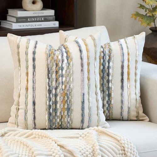 Aeckself Boho Pillow Covers 18x18 Inch Set of 2, Farmhouse Decorative Striped Square Chenille Tufted Accent Neutral Throw Pillow Covers for Living Room Couch Bed, Gray Blue by AECKSELF