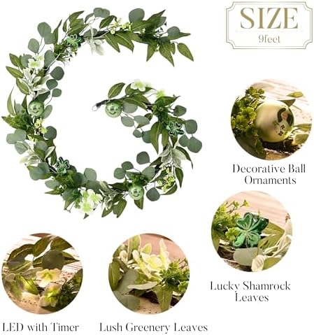 Valery Madelyn 6 Ft St Patrick's Day Garland Decorations with Lights, Artificial Spring Eucalyptus Garland for Mantle with Lucky Shamrock Clover Ornaments, Perfect Irish Festival Home Party Decor - Image 6