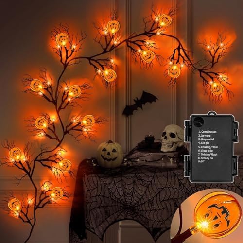 [ 8 Modes & Timer ] 6 Ft 45 LED Halloween Willow Vine Twig Garland Decorations with 15 Pumpkins Orange Lights, Battery Operated Waterproof Halloween Decorations for Home Wall Mantle Fireplace Decor by SURCVIO