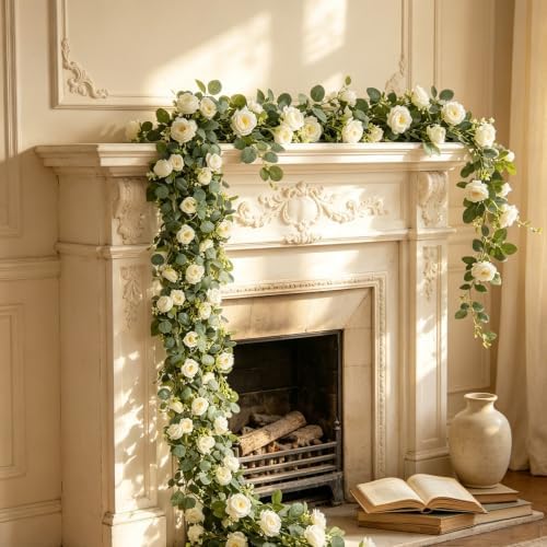 3Pcs 6Ft Artificial Eucalyptus Garland with White Roses Home Decoration - Image 6
