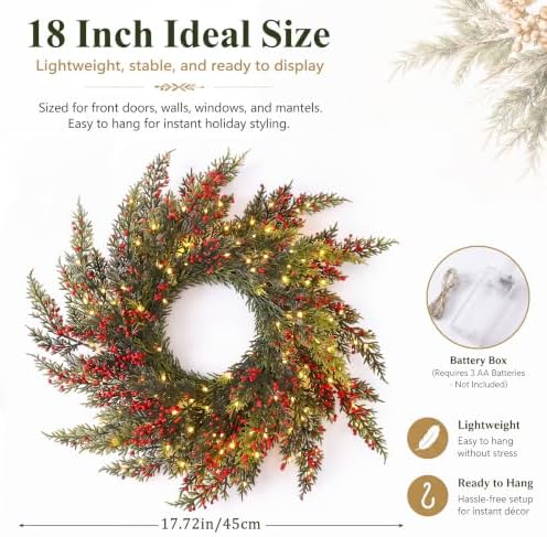 Dingion 18 Inch Christmas Wreath for Front Door with Red Artificial Berry - Image 2