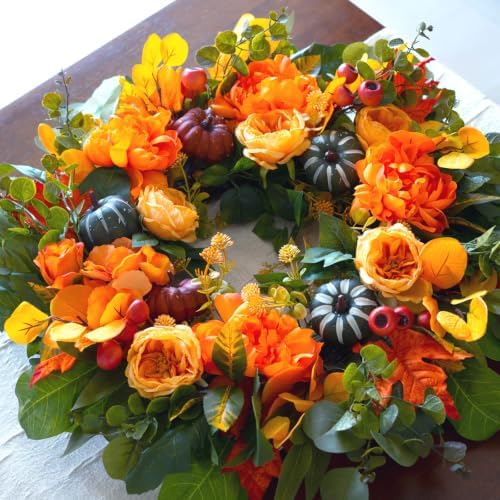 24 Inch Harvest Fall Wreaths for Front Door Outside with Orange Peony - Image 4