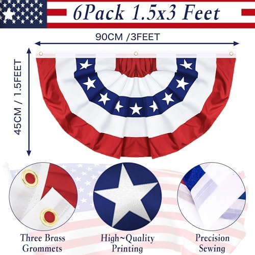 6 Pack 1.5x3 FT USA Pleated Fan Flag, American Bunting Flag Patriotic Half Fan Banner 4th of July Decorations Outdoor Memorial Day Decor Fourth July Independence Day Outside Red White and Blue Decor - Image 2