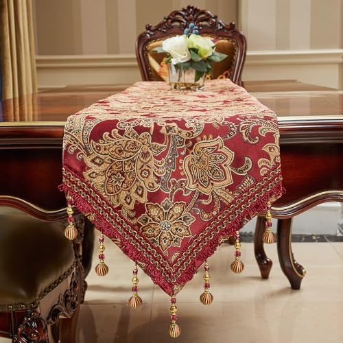 Luxury Vintage Table Runner 120 inches Long Embroidery Jacquard Fabric with Multi-Tassels Table Runners for Dining Room Dresser Wedding Christmas Thanksgiving Party Decorations (Red, 12X120inch) - Image 4