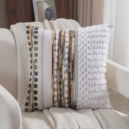 Boho Throw pillow covers 18x18 set of 2 farmhouse decorative Couch pillow covers neutral Accent throw pillows covers striped outdoor cushion covers square textured chenille pillow cases for sofa bed - Image 3