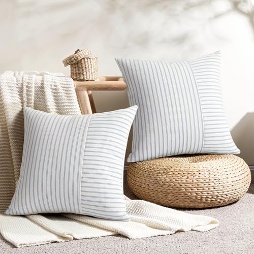YCOLL Farmhouse Euro Sham Pillow Covers 26x26, Modern Throw Pillow Covers Set of 2, Light Blue and Beige Striped Patchwork Linen Decorative Cushion Covers for Bed Sofa Couch Living Room Home Decor - Image 2