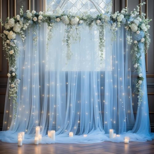 20x10ft Baby Blue Tulle Backdrop Curtain with Lights String for Parites, Sheer Backdrop Curtains for Wedding Baby Shower Birthday Party Photo Shoot Decorations - Image 2