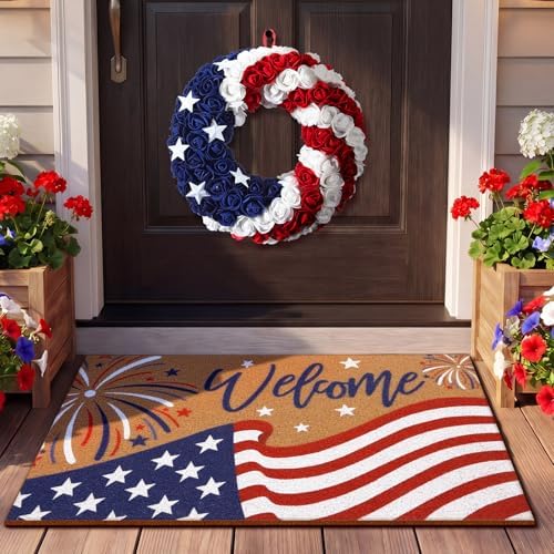 Tingjoo 2 Pcs 4th of July Door Mat and Patriotic Wreath for Front Door - Image 2