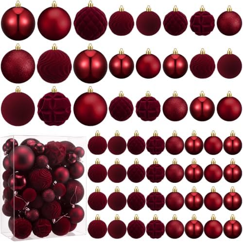 Hollowfly Burgundy 56 Pcs Velvet Christmas Balls Ornaments Set by Hollowfly