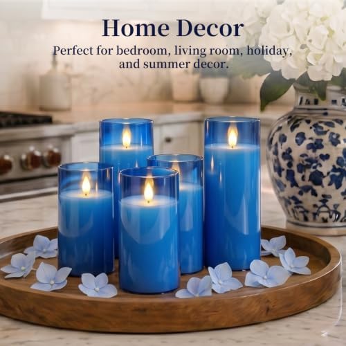 Homemory Blue Flameless LED Pillar Candles with Remote Timer, Set of 9 - Image 5
