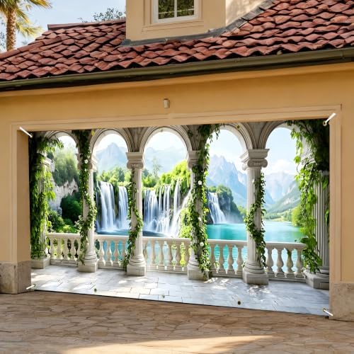 Waterfall Garage Door Banner 6 x 13 FT, Mountain Lake Nature Garage Door Cover, Scenic Archway Garden Outdoor Garage Door Decorations, Landscape Backdrop for Home Patio Party Decor - Image 2