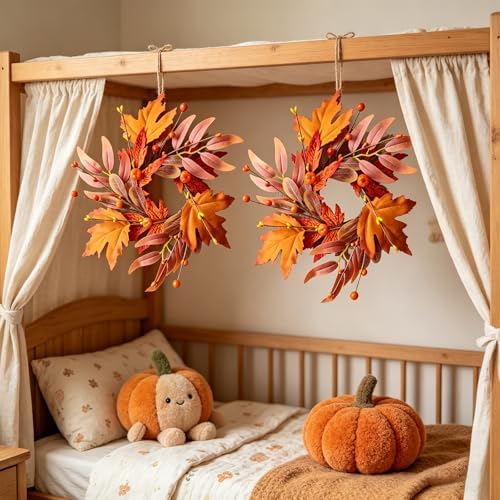 6 PCS Mini Fall Wreaths for Kitchen Cabinet 9 Inch Fall Maple Leaf Wreath for Front Door Small Autumn Hanging Wreath Thanksgiving Candle Ring for Farmhouse Home Porch Wall Window Table Decoration - Image 2
