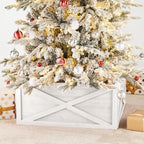 Glitzhome Christmas Tree Collar, Farmhouse Rustic 26" L Washed White Wooden Tree Collar Tree Base Cover Christmas Tree Skirt Collar for 9ft Tree by Glitzhome