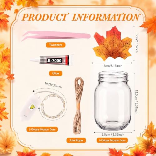 6 Pack DIY Fall Mason Jar Lantern Craft Kit, LED Lights & Maple Leaves - Image 2