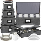 Aokeyee 6-Piece China Storage Containers Set, Hard Shell Moving Boxes for Dishes, Plates, Mugs & Flatware – Dinnerware Organizer with Soft Felt Dividers, Sturdy Handles & Zippers, Grey by Aokeyee