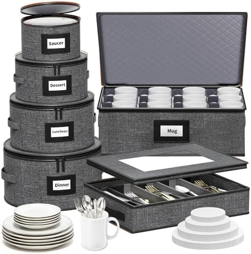 Aokeyee 6-Piece China Storage Containers Set, Hard Shell Moving Boxes for Dishes, Plates, Mugs & Flatware – Dinnerware Organizer with Soft Felt Dividers, Sturdy Handles & Zippers, Grey by Aokeyee