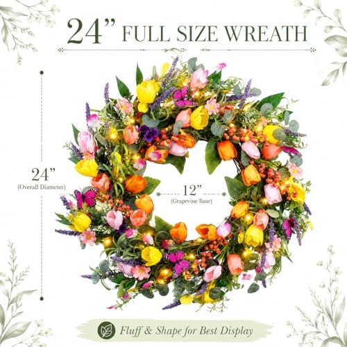 24 Inch Spring Wreaths for Front Door, Artificial Tulip Wreath with Lights & Butterflies, Spring Summer Easter Wreath for Indoor Outdoor Decor - Image 2