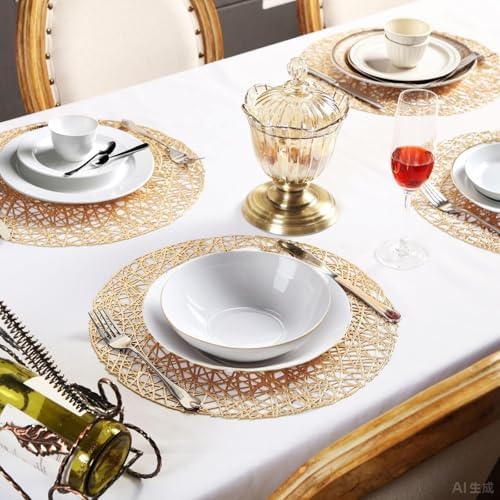 Sieral 48 Packs Gold Round Placemats 15 Inch Hollow Out Pressed Vinyl Place Mats Heat Resistant Woven Gold Placemats for Christmas Dinner Table Winter Holiday Party Wedding Centerpiece Decoration - Image 6