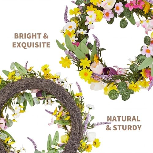 22in Faux Tulip Spring Sumemr Wreath, Artificial Tulip and Lavender Wreath with 2 Matching Bouquets, Fake Flower Door Wreath with Real Rattan Base, Front Door Home Decor Mother's Day - Image 2