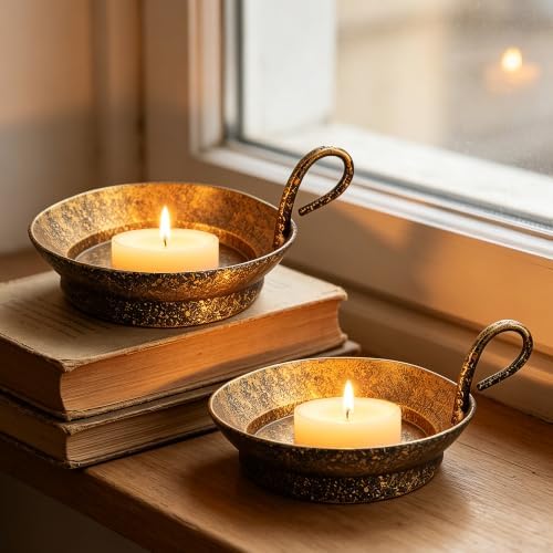 5" Wide Set of 2 Cast Iron Candle Holder with Handle in Rustic Gold for Pillar, Pillar Candle Holder, Farmhouse Vintage Style, for Mantels, Tabletops, Centerpieces, Entryways, Shelves - Image 4