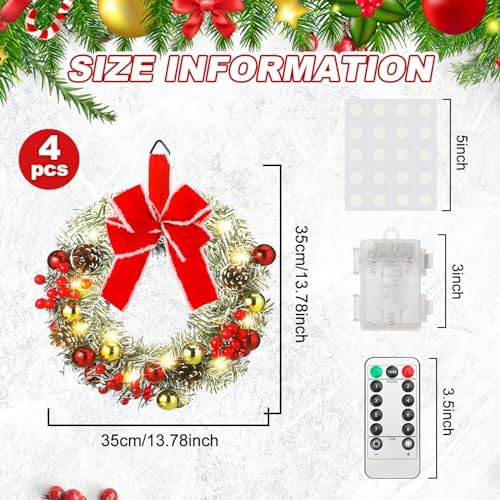 Ceenna 4 Pcs Pre-lit Artificial Christmas Wreaths 14 Inch Timer Lighted Christmas Wreaths with Bow Red Berries Pinecone Pine Needles 8 Model LED Light Xmas Wreath for Front Door Window Wall Holiday - Image 4