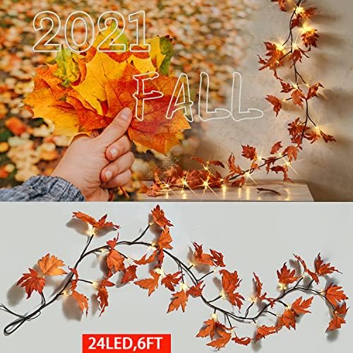 Fudios Lighted Maple Leaf Garland with Timer 24 Warm White LED 6FT for Fall Thanksgiving Decor, Artificial Garland with Lights Battery Operated Harvest Christmas Decoration Indoor Outdoor - Image 5
