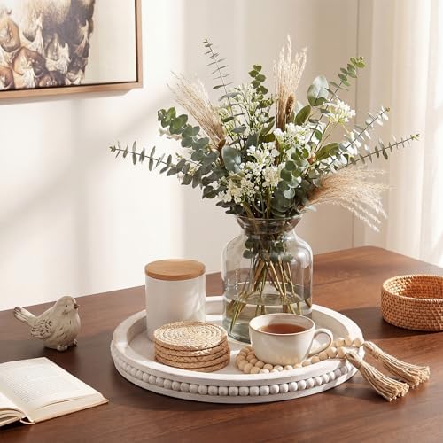 Mumufy 12" Round Decorative Tray with 58" Bead Garland, White Washed - Image 3