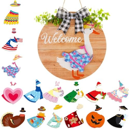 Lineshading 16 Pcs Wooden Interchangeable Goose Welcome Sign, Wood Color by Lineshading