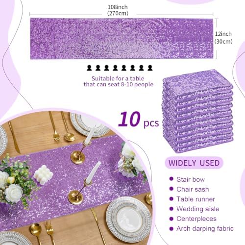 Sequin Table Runners 10 Pieces Light Purple Table Runners 12x108 Inch Glitter Dining Table Cover for Party Wedding Birthday Reception Banquet Decoration Spring Party Chair Sashes - Image 3