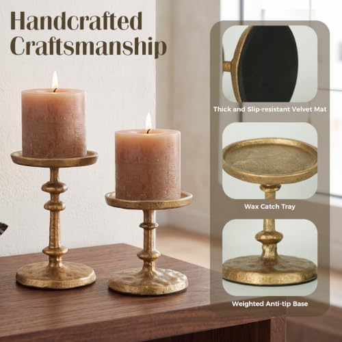 Gold Cast Iron Pillar Candle Holders Set of 2 Farmhouse Candlesticks - Image 4