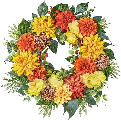24-Inch Fall Wreaths for Front Door with Hydrangeas Dahlias Daisy Silk Flowers and Berry Greenery for All Seasons Indoor Outdoor Wedding Farmhouse Porch Wall Living Room Home Wedding Decor by MDSTBN