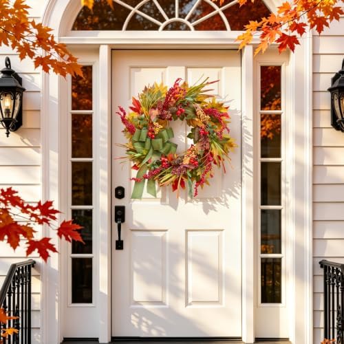 24 Inch Artificial Silk Harvest Fall Wreaths for Front Door with Green Bow - Image 4