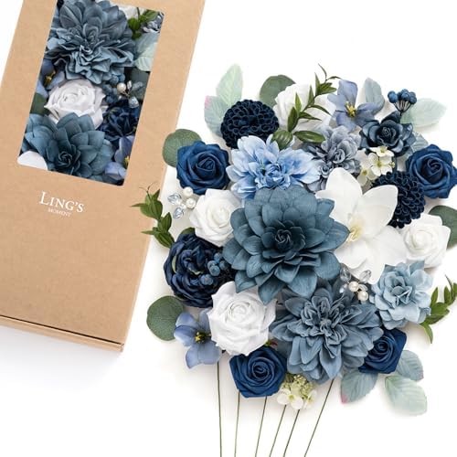 Ling's moment Artificial Wedding Flowers Combo, Dusty Blue & Navy, Deluxe by LingsMoment