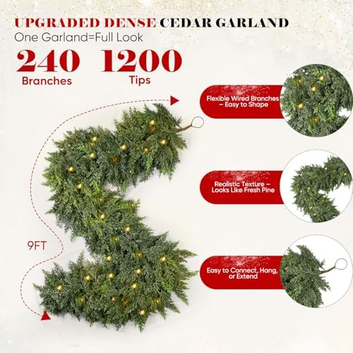 9FT Cedar Christmas Garland with Light, Extra Full Artificial Cedar Garland with 1200 Tips, LED Lights with 8 Modes, Holiday Garland for Mantel, Staircase, Doorway - Image 2