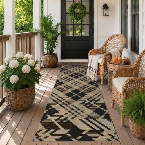 Easy Jute 2x6 Outdoor Runner Rug, Black & Beige Diagonal Plaid, Washable by JTJ